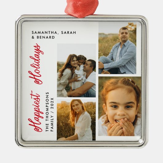 Minimal Happiest Holidays Script Family 4 Photos Metalen Ornament (Voorkant)