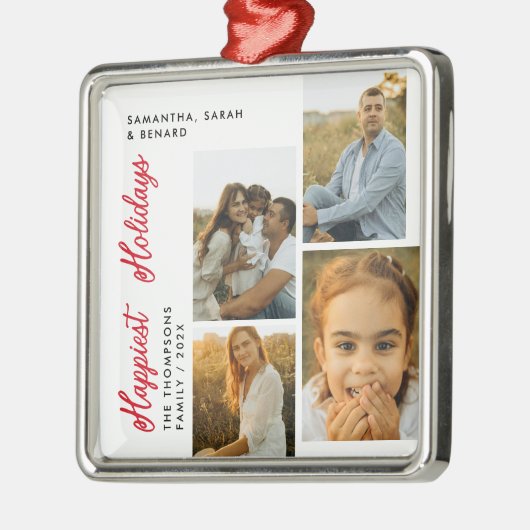 Minimal Happiest Holidays Script Family 4 Photos Metalen Ornament (Links)