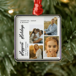 Minimal Happiest Holidays Script Family 4 Photos Metalen Ornament