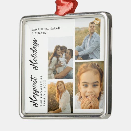 Minimal Happiest Holidays Script Family 4 Photos Metalen Ornament (Links)