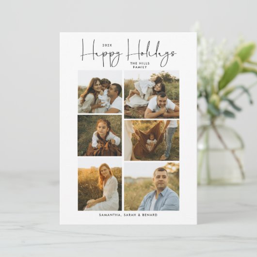 Minimal Happy Holidays Script Family 6 Photos Feestdagenkaart (Staand voorkant)