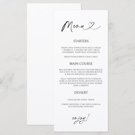 Minimal Heart Menu Card Reception Formal Dinner  (Voorkant / Achterkant)
