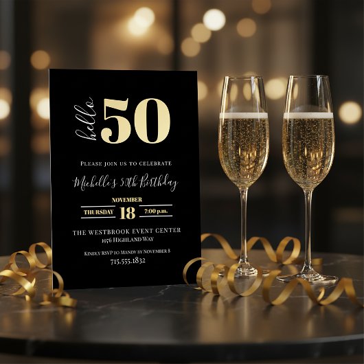 Minimal Hello 50 Script 50th Birthday Black Gold Folie Uitnodiging