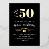 Minimal Hello 50 Script 50th Birthday Black Gold Folie Uitnodiging (Voorkant)