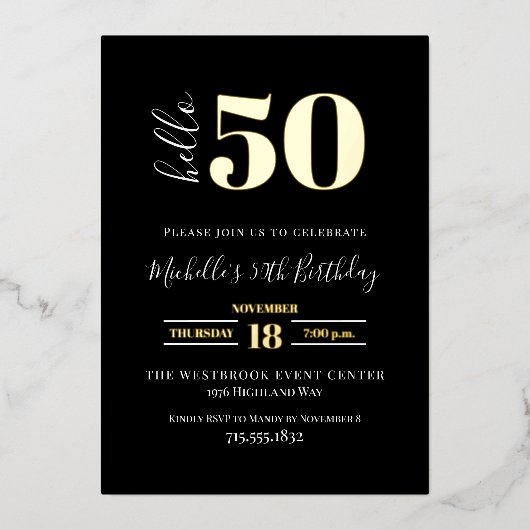 Minimal Hello 50 Script 50th Birthday Black Gold Folie Uitnodiging (Voorkant)