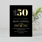 Minimal Hello 50 Script 50th Birthday Black Gold Folie Uitnodiging (Staand Voorkant)