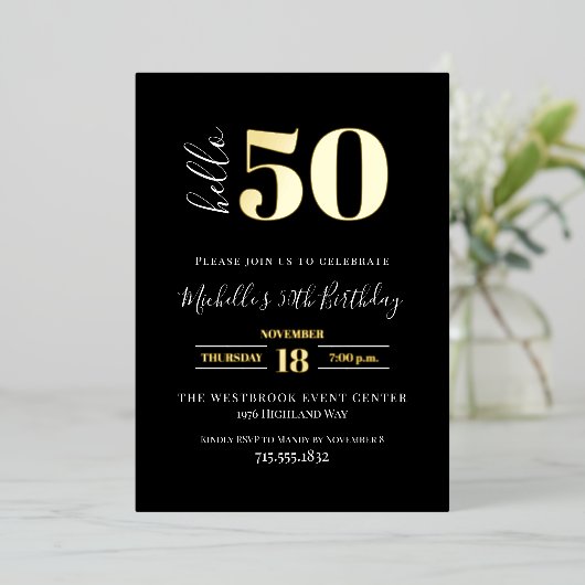 Minimal Hello 50 Script 50th Birthday Black Gold  Folie Uitnodiging (Staand Voorkant)