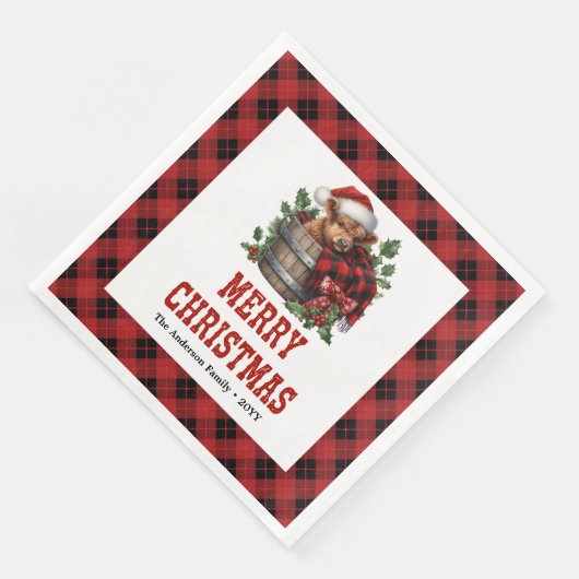 Minimal highland cow red black plaid napkins servet (Hoek)