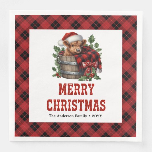 Minimal highland cow red black plaid napkins servet (Voorkant)