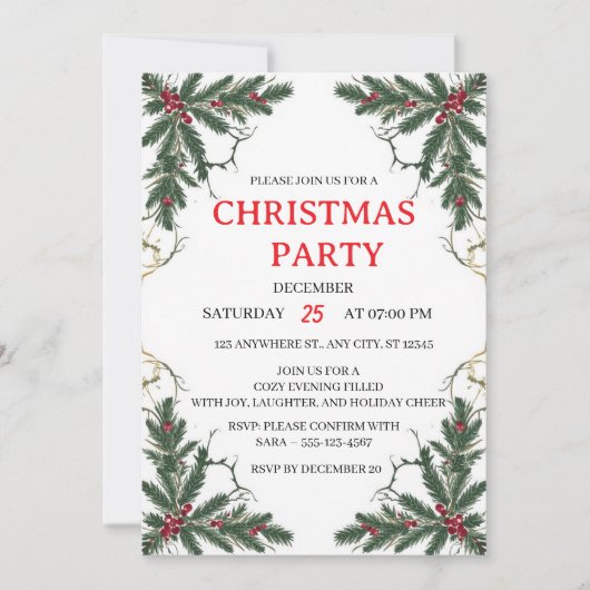 Minimal Holiday Greenery Party Invitation Kaart (Voorkant)
