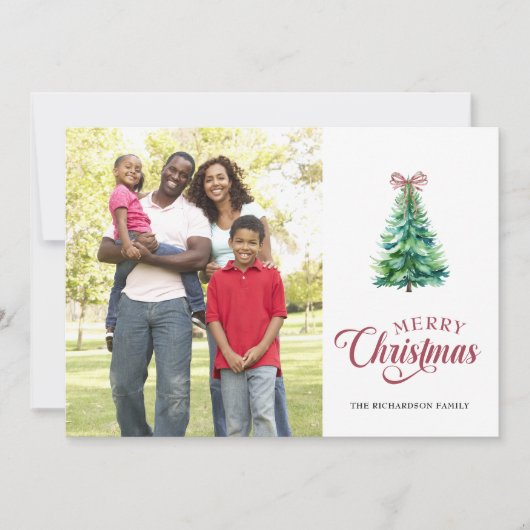 Minimal Holiday Tree Bow Photo Christmas Card Feestdagenkaart (Voorkant)