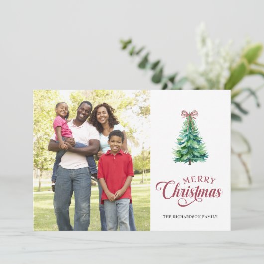 Minimal Holiday Tree Bow Photo Christmas Card Feestdagenkaart (Staand voorkant)