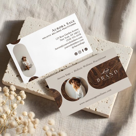 Minimal Holistic Celestial Moon Photo Woodgrain Visitekaartje