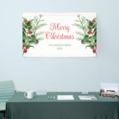 Minimal Holly Berries Branch Vrolijk Kerstfeest Spandoek (Beurs)