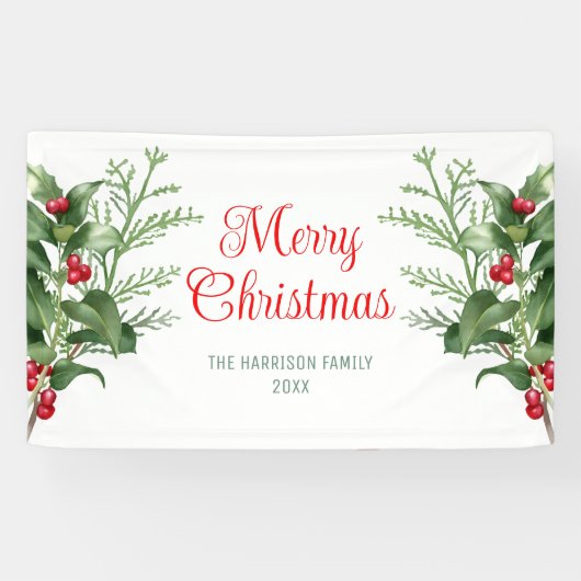Minimal Holly Berries Branch Vrolijk Kerstfeest Spandoek (Horizontaal)