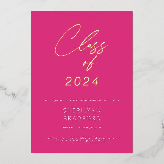 Minimal Hot Pink & White Afstuderen Aankondiging (Voorkant)