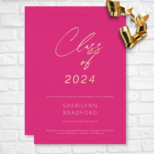 Minimal Hot Pink & White Afstuderen Aankondiging