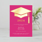 Minimal Hot Pink White Gold Pet Afstudeerder Aanko Folie Uitnodiging (Staand Voorkant)