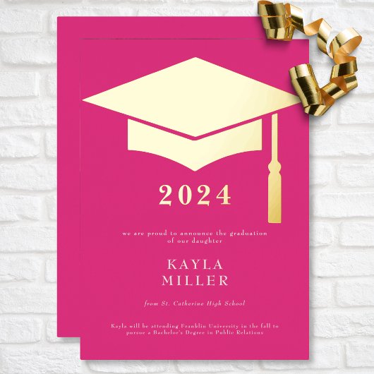 Minimal Hot Pink White Gold Pet Afstudeerder Aanko Folie Uitnodiging