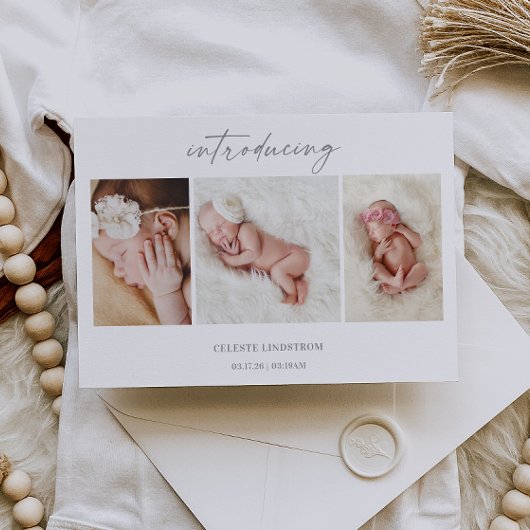 Minimal Introducing Baby Photo Announcement Card Kaart