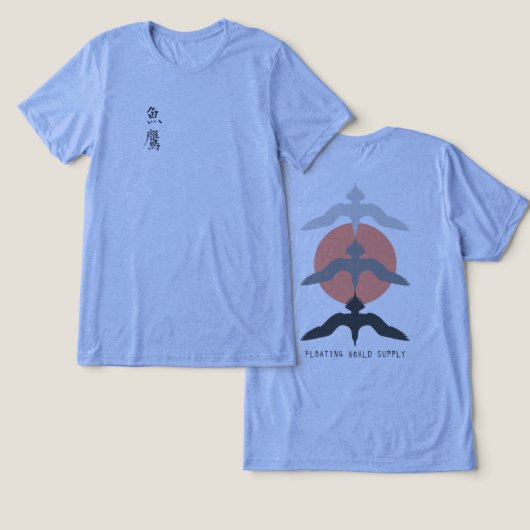 Minimal Japanese Fish Hawk Ukiyo-e Style Blue Tri-Blend Shirt (Ontwerp Voorkant & Achterkant)