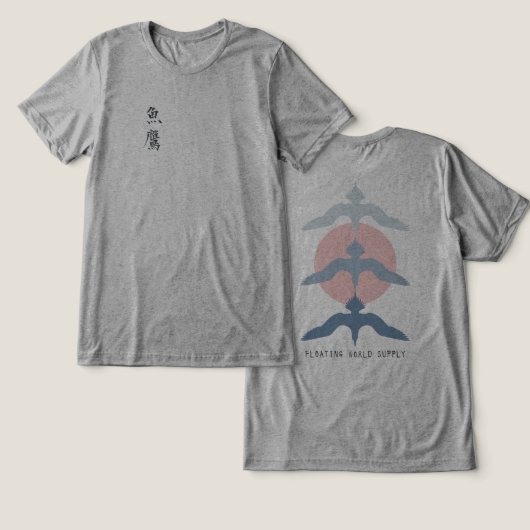 Minimal Japanese Fish Hawk Ukiyo-e Style Gray Tri-Blend Shirt (Ontwerp Voorkant & Achterkant)