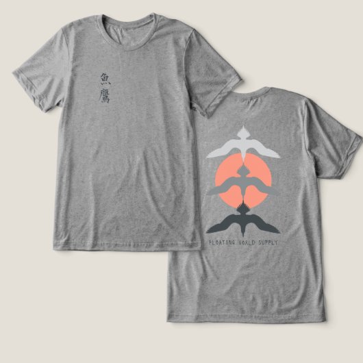 Minimal Japanese Fish Hawk Ukiyo-e Style Gray Tri-Blend Shirt (Ontwerp Voorkant & Achterkant)