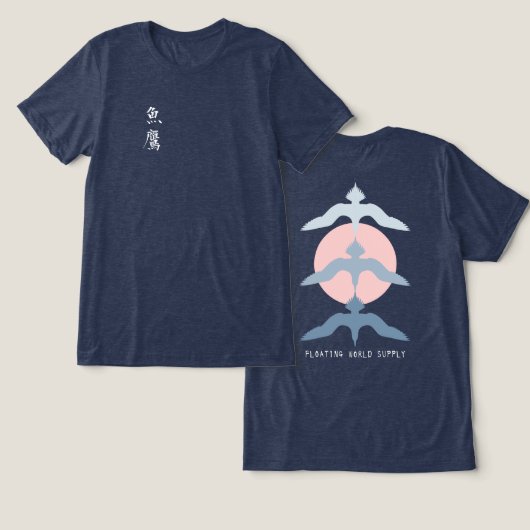 Minimal Japanese Fish Hawk Ukiyo-e Style Navy Tri-Blend Shirt (Ontwerp Voorkant & Achterkant)