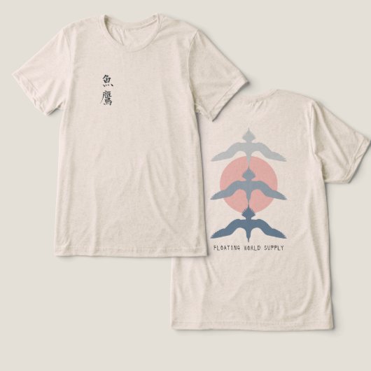 Minimal Japanese Fish Hawk Ukiyo-e Style Oatmeal Tri-Blend Shirt (Ontwerp Voorkant & Achterkant)