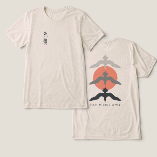Minimal Japanese Fish Hawk Ukiyo-e Style Oatmeal Tri-Blend Shirt (Ontwerp Voorkant & Achterkant)