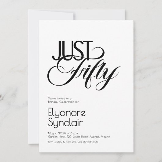 Minimal Just Fifty 50th Birthday Party Kaart (Voorkant)