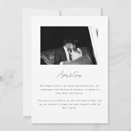 Minimal 'Just Married' Black White Photo Elopement Aankondiging (Achterkant)
