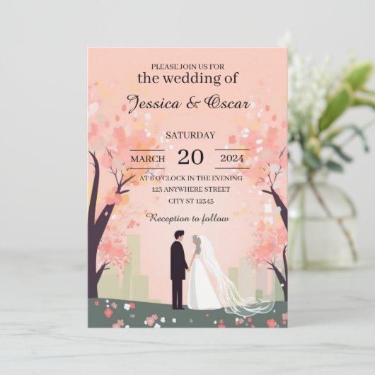 Minimal Koppel Cartoon met Bloemen Bruiloft Kaart (Staand voorkant)