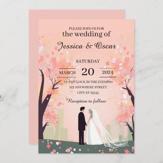 Minimal Koppel Cartoon met Bloemen Bruiloft Kaart (Voorkant / Achterkant)