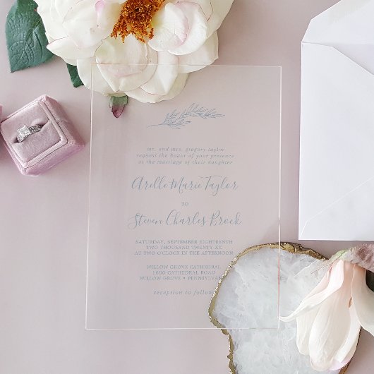 Minimal Leaf Blue Formal Simple Greenery Wedding Acryl Uitnodigingen