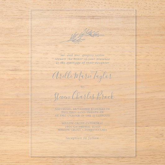 Minimal Leaf Blue Formal Simple Greenery Wedding Acryl Uitnodigingen (Voorkant)