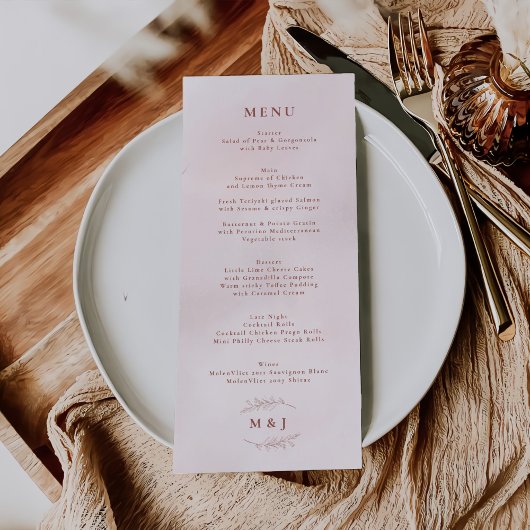 Minimal Leaf Boho Pink Elegant Wedding Menu