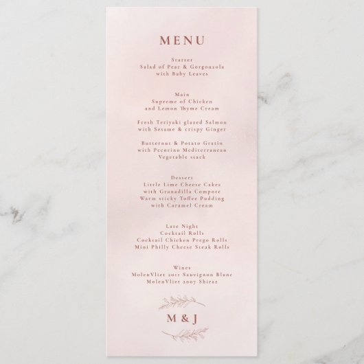 Minimal Leaf Boho Pink Elegant Wedding Menu (Voorkant)
