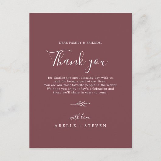 Minimal Leaf Bourgondië Dank u Receptie Kaart (Voorkant)