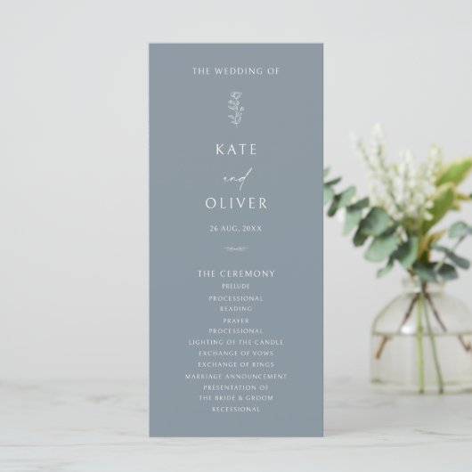 Minimal Leaf Dusty Blue en White Wedding Program (Staand voorkant)