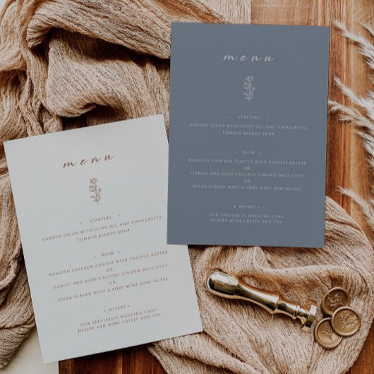 Minimal Leaf Dusty Blue Wedding Dinner Flat Menu