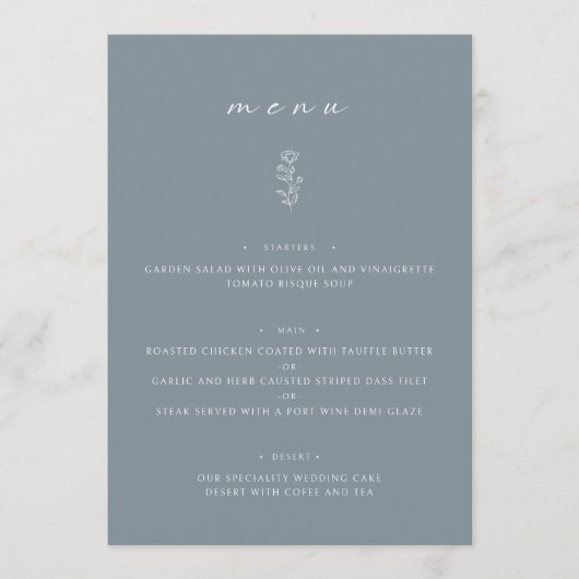 Minimal Leaf Dusty Blue Wedding Dinner Flat Menu (Voorkant)