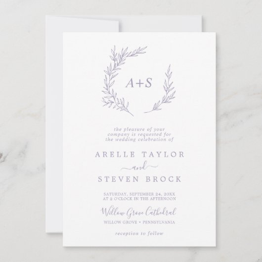 Minimal Leaf Dusty Paarse Monogram QR Code Bruilof Kaart (Voorkant)