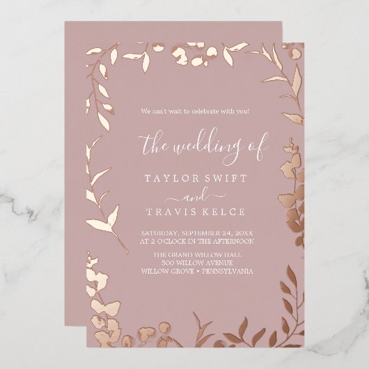 Minimal Leaf Dusty Roos en Roos Gold Folie Uitnodiging (Voorkant / Achterkant)