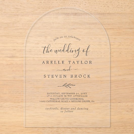 Minimal Leaf Fancy Modern Eenvoudig Botanisch Huwe Acryl Uitnodigingen (Voorkant)