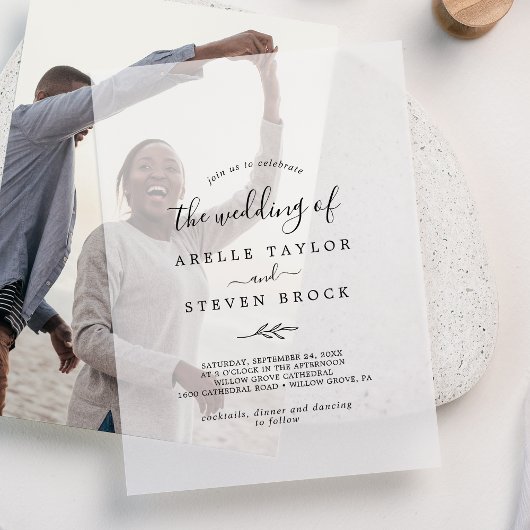 Minimal Leaf Fancy Modern Eenvoudig Botanisch Huwe Vellum Uitnodigingen