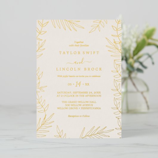 Minimal Leaf Gold Folie & Ivoor Lijst Wedding Folie Uitnodiging (Staand Voorkant)