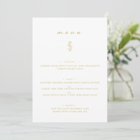 Minimal Leaf Gold & White Wedding Dinner Flat Menu (Staand voorkant)