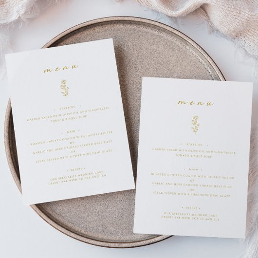 Minimal Leaf Gold & White Wedding Dinner Flat Menu