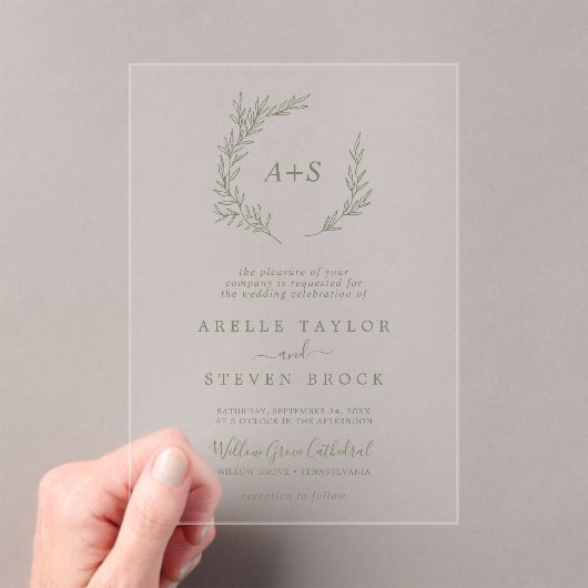 Minimal Leaf Green Monogram Greenery Boho Wedding Acryl Uitnodigingen (Insitu (Draagbaar))